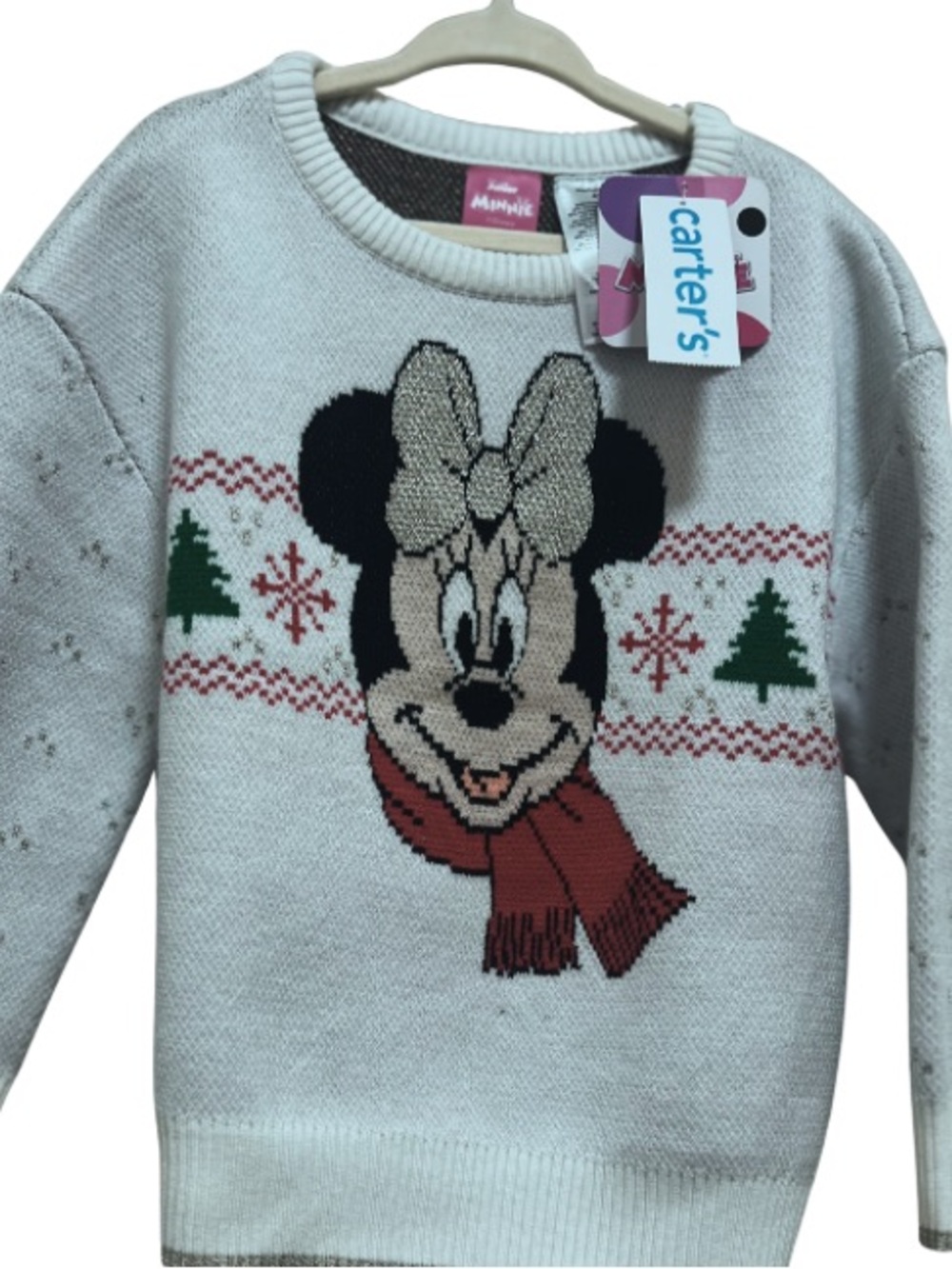 NWT 4T Carter's White Knit Minnie Mouse Sweater with Metallic Bow Detail